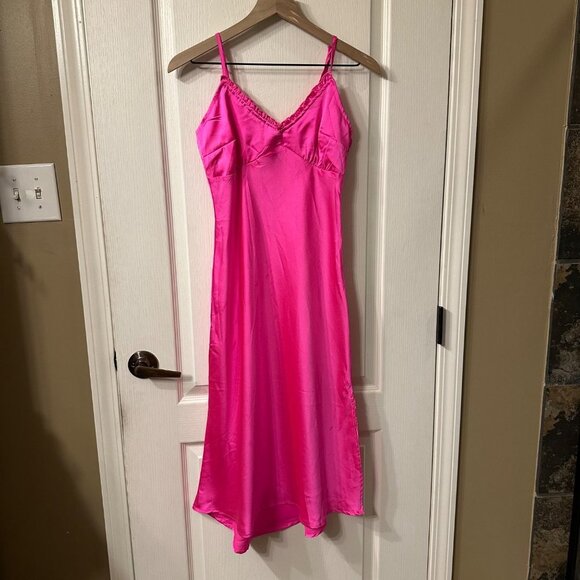 Japna | Hot Pink Sleeveless Satin Midi Slip Dress Side Slit Barbie Small S - Picture 2 of 10